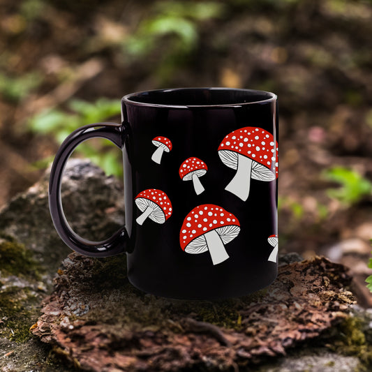 Cottagecore Cozy Vintage Spotted Mushroom Pattern Black Mug (11oz)