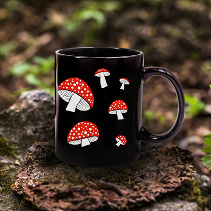 Cottagecore Cozy Vintage Spotted Mushroom Pattern Black Mug (11oz)